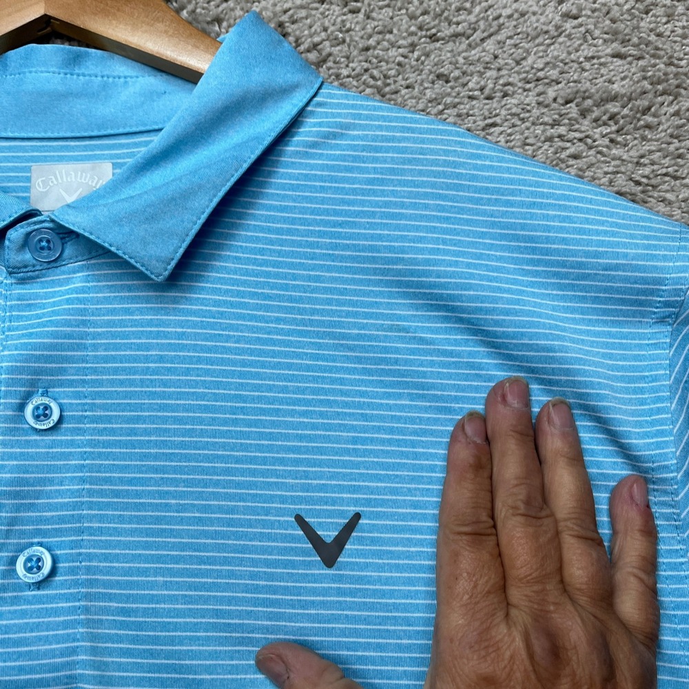 Callaway Polo Shirt Mens XL Blue Striped Short Sleeve 3 Button Placket Opti-Dri - Picture 5 of 9
